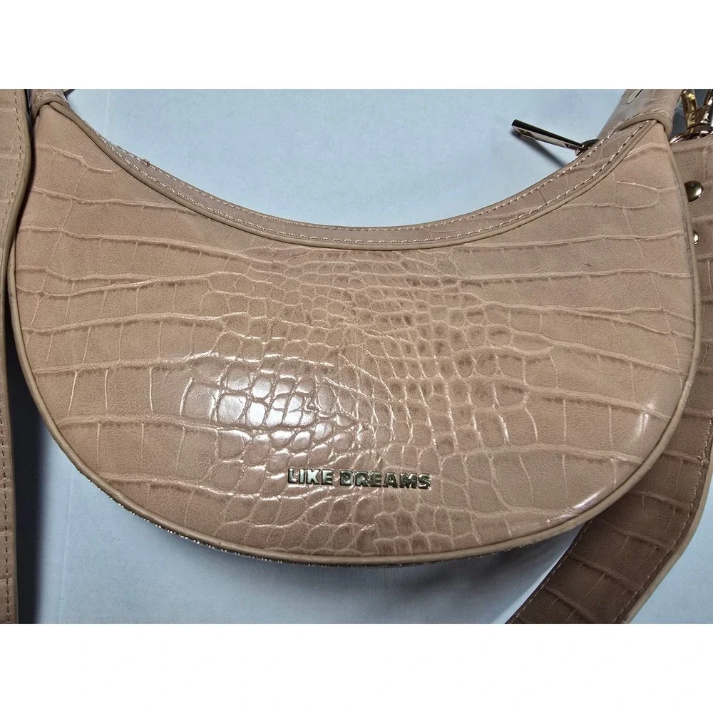 Like Dreams Beige Croc Embossed Crescent Shoulder Bag Vegan Leather H9101701